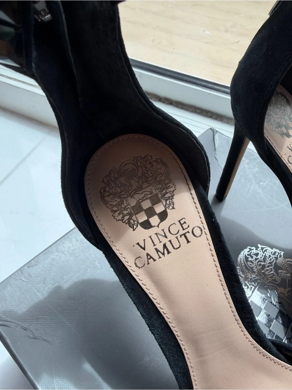 Vince Camuto Black Suede Pointed-Toe Ankle-Strap Heels